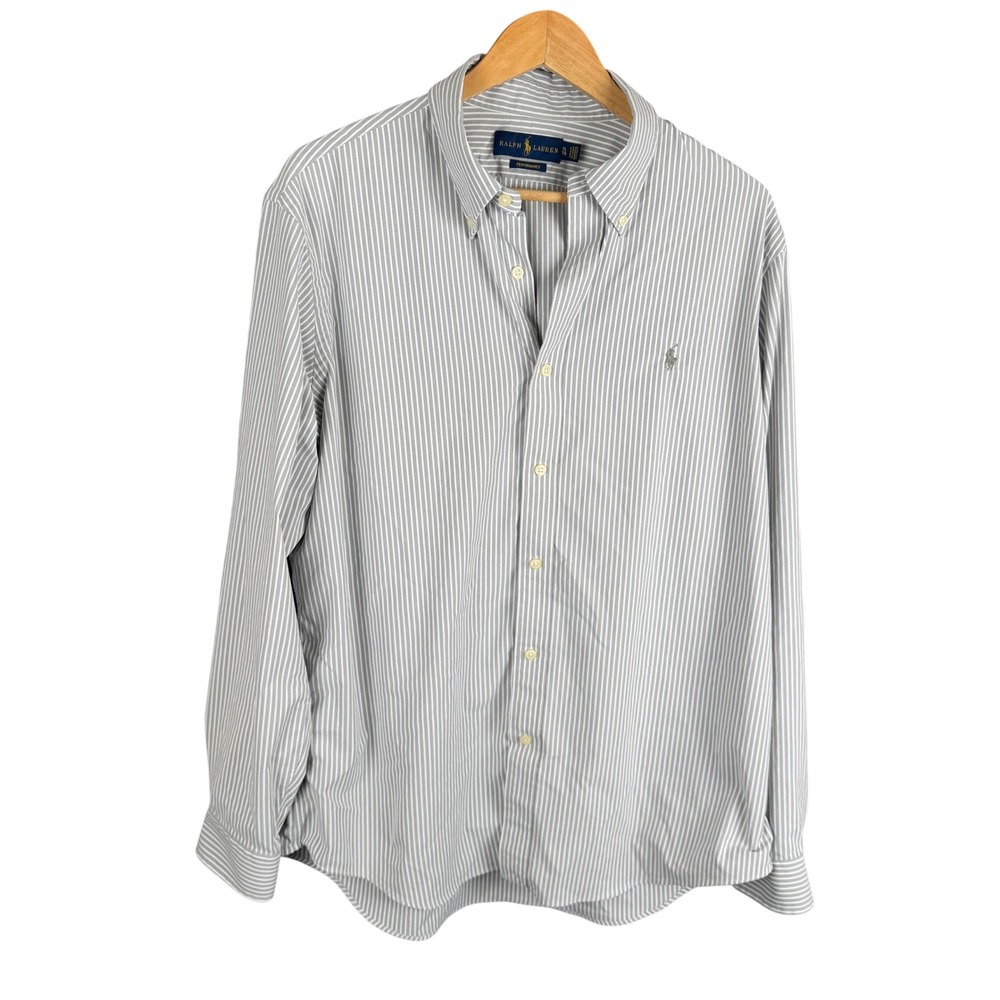 Polo Ralph Lauren Performance Shirt XL Grey White Striped Button Down L/S